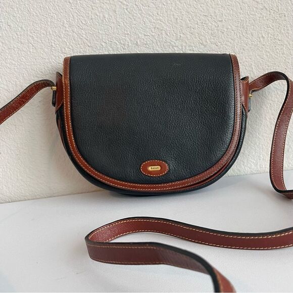 BALLY Black Brown Caviar Leather Flap Saddle Bag Crossbody - Picture 1 of 9